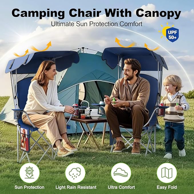 VTOY Portable Camping Chair with Canopy - Folding Chair with Canopy, Durable 600D Oxford Canopy Chair for Camping, Beach, Picnics, Fishing & Sports