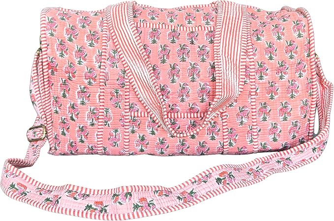 ATOSII Large Duffle Bag, Handblock Print 100% Quilted Cotton for Overnight Trip, Travel Weekender, Luggage, 2 Pockets with Zipper 1 Front Pocket, Detachable Long Strap, 20 X 10 X 12 Inches, Peach Aura
