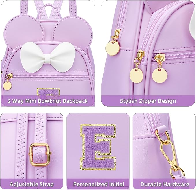 KKXIU Girls Initial Bowknot Cute Mini Backpack for Toddler, Travel Small Girl Backpacks, Personalized Birthday Gifts for Little Girls and Kids(E, Purple)