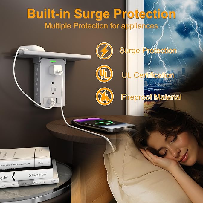 Socket Wall Shelf-CFMASTER 10 Port Surge Protector Wall Outlet, 8 Electrical Outlet Extenders and 2 USB Ports 2.4A, with Removable Built-In Shelf, FCC Listed (1, Gray)…