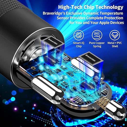 [Apple MFi Certified] iPhone 17 Car Charger Fast Charging, Braveridge 4.8A USB Power Cigarette Lighter USB-C Car Charge + 6FT Type-C Coiled Cord for iPhone 17/17 Pro Max/16 Pro/15/Galaxy S26/S25/Pixel
