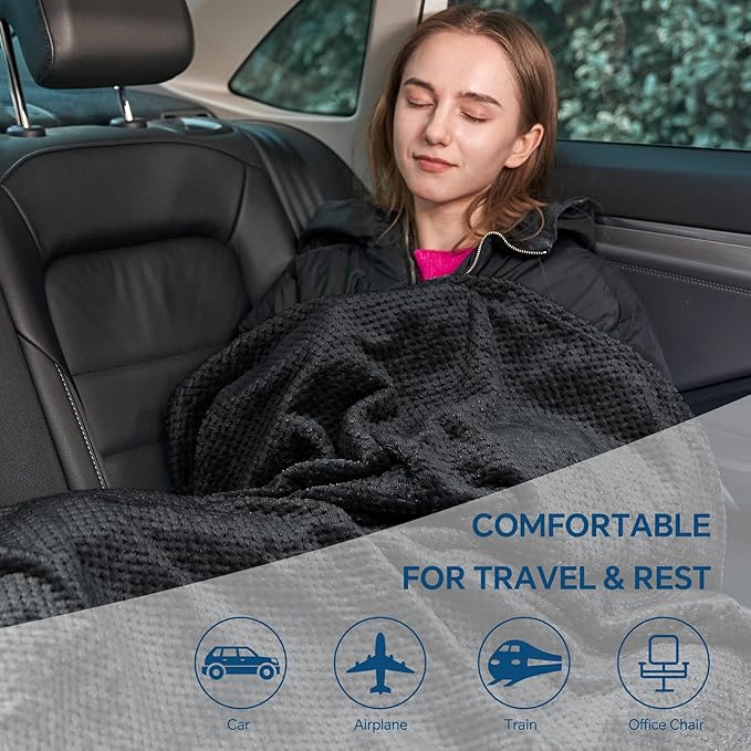 BEDELITE Travel Blanket with Bag, Ultra-Soft Jacquard Fleece Blanket with Luggage Sleeve & Backpack Clip, Airplane Blanket Travel Essentials, Black
