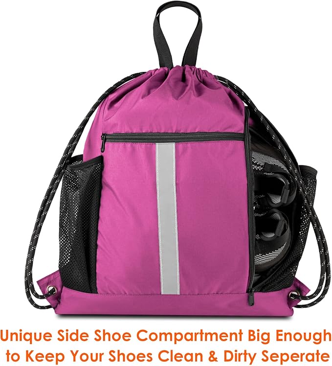 BeeGreen Pink String Backpack Large Drawstring Bag Cinch Sack w Shoe Compartment & Two Side Mesh Pockets Lightweight Sturdy Drawstring Gym Sackpack for Unisex