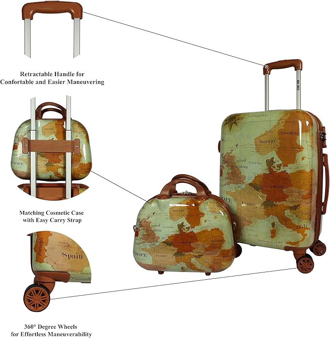 World Traveler VentureX Airline Approved 2-Piece Carry-On Luggage Set – Lightweight Hardside Polycarbonate Suitcase with Spinner Wheels - Europe