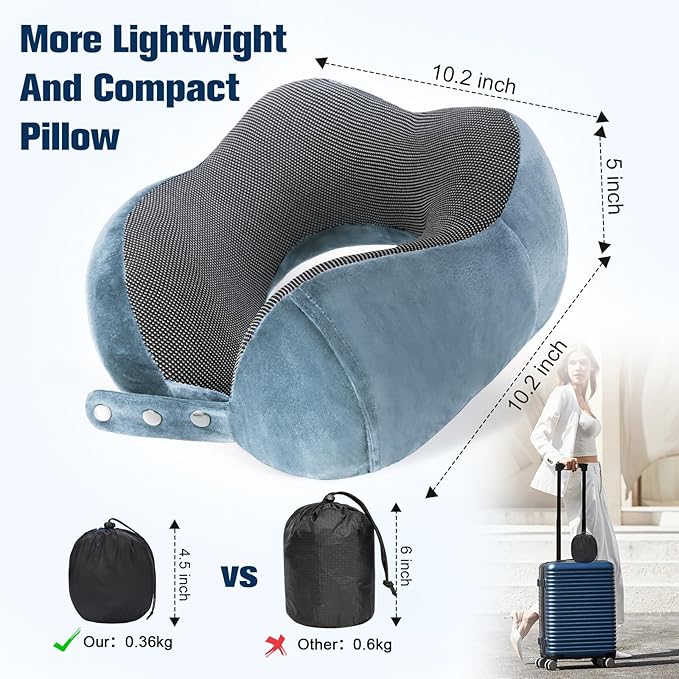 Cirorld Neck Pillow for Traveling, Travel Pillows for Airplanes,100% Pure Memory Foam Travel Neck Pillow, Adjustable Flight Pillow, Portable Plane Accessories with Eye Mask, Earplugs, Carry Bag