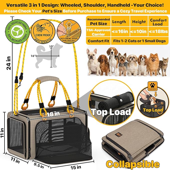 PAWZIDEA Expandable Pet Carrier Airline Approved, 18"×11"×11" Small Dog Carriers, Collapsible Top-Load Cat Carrier for 2 Cats Under Seat, Soft-Sided Puppy & Animal Travel Bag, ID Card, Up to 15lbs