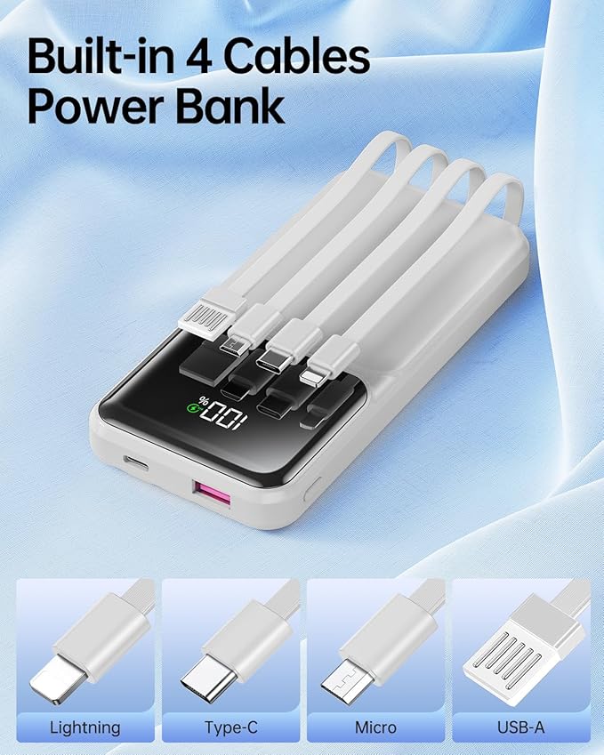 RONEGN Portable Charger with Built in Cable - Power Bank Fast Charging 22.5W USB C 10000mAh LED Display Travel Battery Pack 5 Outputs & 3 Inputs for iPhone Samsung Android iPad Phones Tablets etc