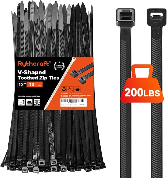 Zip Ties Heavy Duty 12 inch，V-Shaped Toothed Double Sided With 200 LBS Tensile Strength Cable Ties ，Extra Large Wire Ties Adjustable Nylon Tie Wraps for Indoor Outdoor Patented Design（80 Pack Black）