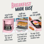 Nostalgia 3-in-1 Retro Breakfast Station - Includes 5 Cup Coffee Maker, Non-Stick Ceramic Griddle, and 4-Slice Toaster Oven - Built-In Timer, Reusable Coffee Filter, Space-Saving Design - Pink