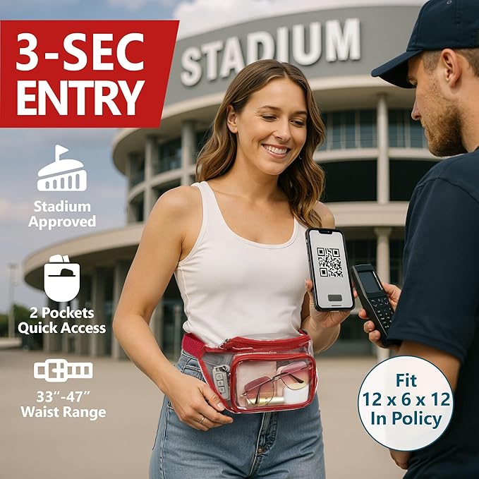 Veckle Clear Fanny Pack Stadium Approved - Adjustable 33-47 Inch Strap, Transparent Belt Bag for Women Men Fits 7.5-inch Smartphone, Waist Bag Clear Bag for Stadium Events, Sport, Concerts, Red
