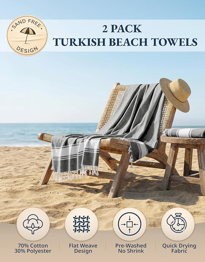 LANE LINEN Towels for Women, 2 Pack Oversized, Pre-Washed, No-Shrink, Sand Free, Quick Dry, Lightweight Travel Towels, Soft Bath Use, 39"x71" – Smoky Black