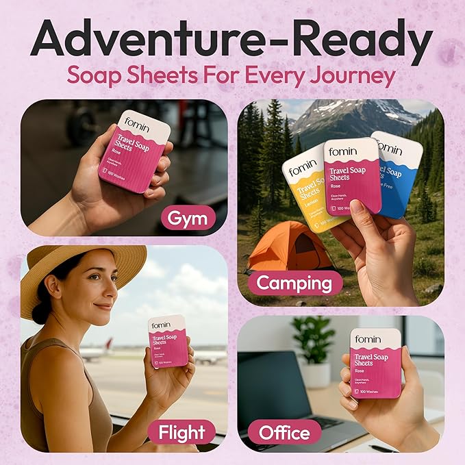 FOMIN - Antibacterial Paper Soap Sheets Tin for Traveling - 3 Pack Rose - Portable Travel Hand Soap Sheet, Dissolvable Mini Camping Hand Soap for Hand Washing