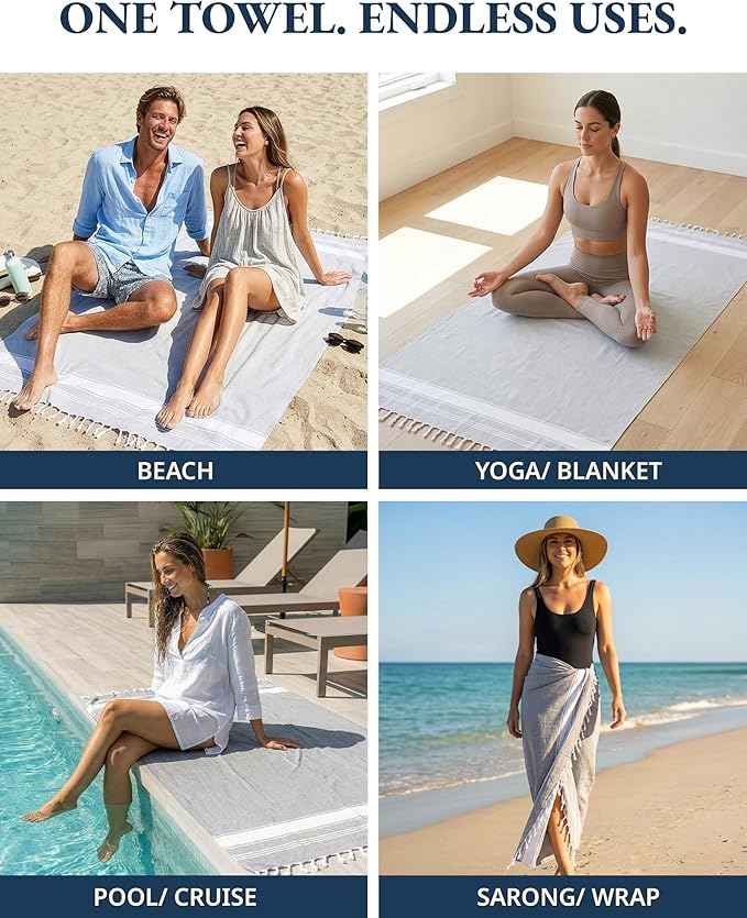 LANE LINEN Oversized Beach Towels 4 Pack – Pre-Washed, Extra Large, Quick Dry, No Sand, Absorbent Pool Towels for Adults, 39"x71", Grey