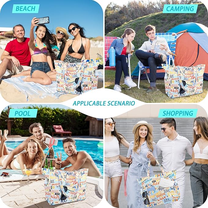 Iioscre Beach Bag for Women, Causal Hobo Pool Bags with Zipper Inner Pocket, Foldable Swim Tote Bag for Vacation Essentials