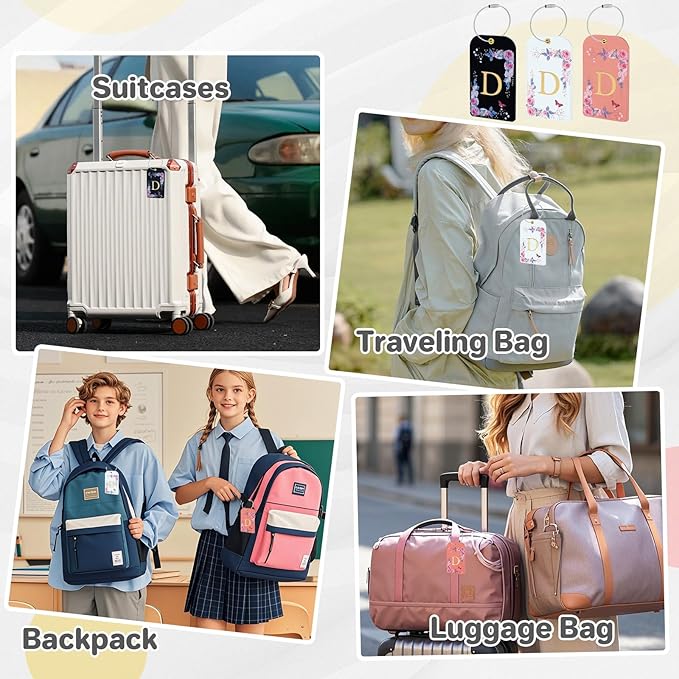 3 Pack Luxury Floral Luggage Tags, Durable PU Leather Suitcase Tags with Stainless Steel Cable Strap, Hidden ID Slot for Privacy Protection, Easy to Identify Waterproof Travel Accessories Gift (D)