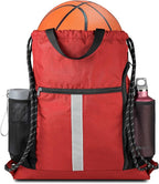 BeeGreen Red Drawstring Backpack Gymsack Bag with Shoe Compartment and Two Side Mesh Pockets Lightweight Durable Sports Cinch Sackpack 1 Pack for Women Men Workout Swim