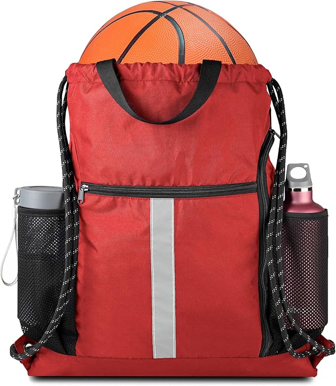 BeeGreen Red Drawstring Backpack Gymsack Bag with Shoe Compartment and Two Side Mesh Pockets Lightweight Durable Sports Cinch Sackpack 1 Pack for Women Men Workout Swim