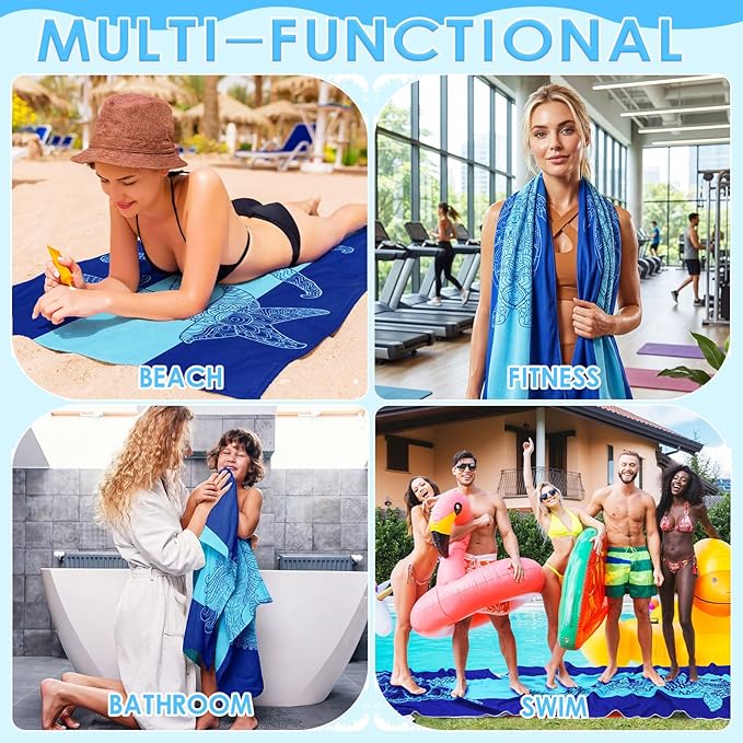 FuWeave 6 Pcs 72 x 36 Microfiber Oversized Beach Towels Large Absorbent Thin Compact Lightweight Sand Free Quick Dry Towels Pack for Travel Pool Yoga Gym Sports Beach Accessories(Marine Animals)
