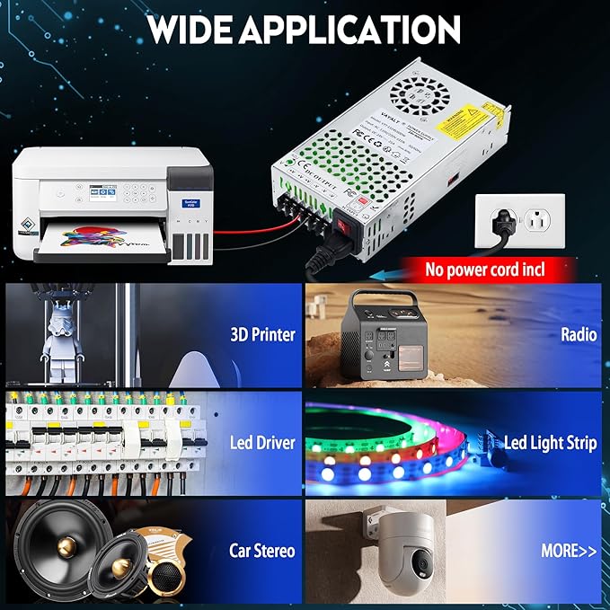 VAYALT 24V 25A 600W DC Switching Power Supply, Universal Regulated Switching AC 110V/220V to DC 24V Transformer, 24V Power Supply for Industrial, CCTV,Computer Project, LED Strip Light (No power Cord)