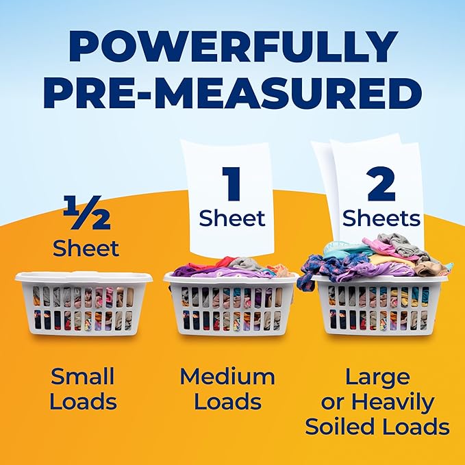 ARM & HAMMER Power Sheets Laundry Detergent, Fragrance Free, No Dyes or Perfumes, Lightweight and Travel-Friendly, 60 Count, Up to 120 Small Loads
