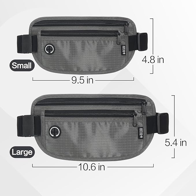 Slim Money Belt for Travel - Anti-Theft Hidden Passport Holder Waist Wallet with Secure Pouch for Cash, Credit Cards (Small Grey)