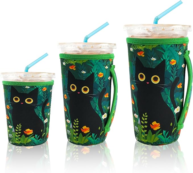 KJQJLY 3 Pack Reusable Iced Coffee Sleeves for Iced Coffee Cups or Drinks Reusable Neoprene Insulated Sleeves for Hot and Cold Drinks from Starbucks, Dunkin, And More (Black Cat)