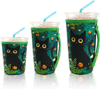 KJQJLY 3 Pack Reusable Iced Coffee Sleeves for Iced Coffee Cups or Drinks Reusable Neoprene Insulated Sleeves for Hot and Cold Drinks from Starbucks, Dunkin, And More (Black Cat)