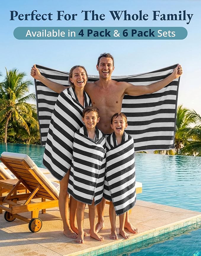 LANE LINEN Beach Towels 4 Pack - 520 GSM, (30" x 60") 100% Cotton Pool Towel for Adults - Thick & Highly Absorbent Extra Large Beach Towel - Super Soft & Quick Dry Cabana Stripe Pool Towel Set - Grey