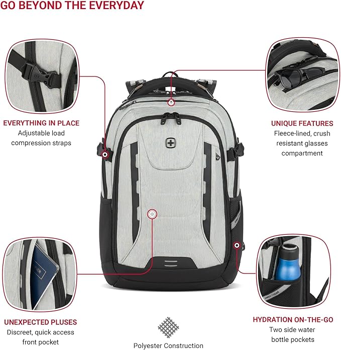 SwissGear Travel Tech Pro Laptop Backpack – Fits Laptops up to 16” – ScanSmart TSA-Friendly Backpack with Multiple Organizer Pockets – Grey Heather