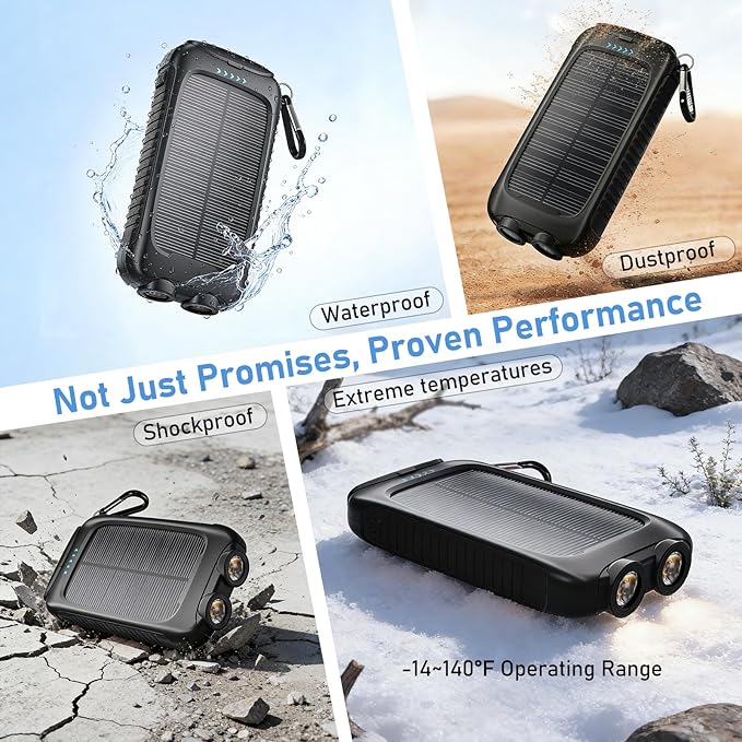 Portable Charger Solar Power Bank 20000mAh with USB-A and USB-C 5V/3A Output Port Black Battery Pack Compatible with iPhone, Samsung, Waterproof Emergency LED Flashlights Perfect for Camping, Hiking