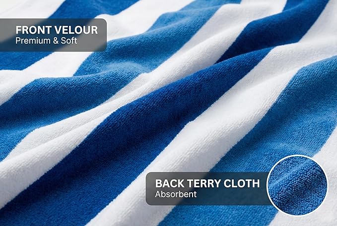 Velour Cabana Beach Towel 4 Pack, 30” x 60” Soft Plush Cotton Pool Towel, Absorbent Quick Dry Travel Towel for Beach, Pool, Spa (Classic Navy)