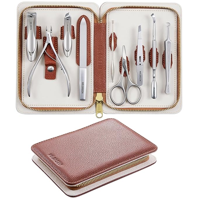 MR.GREEN 9-in-1 Manicure & Pedicure Set – Professional German Stainless Steel Nail Clippers Grooming Kit with Splash-Proof Nail Clipper & Genuine Leather Travel Case (Cognac Brown)