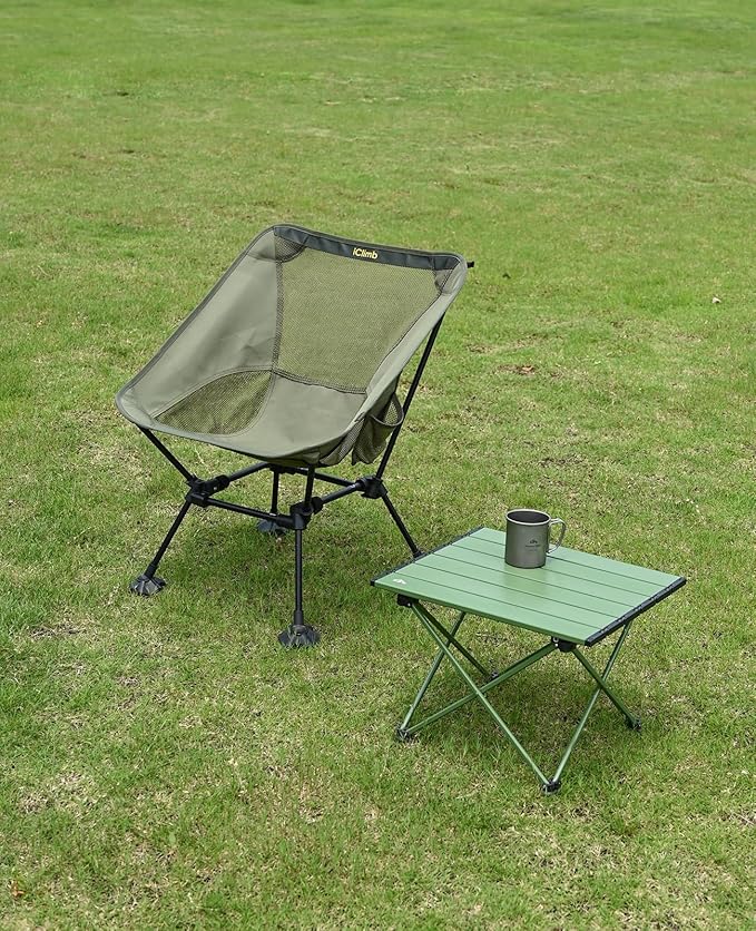 iClimb Ultralight Compact Camping Folding Beach Chair with Anti-Sinking Large Feet and Back Support Webbing (Green- Square Frame)