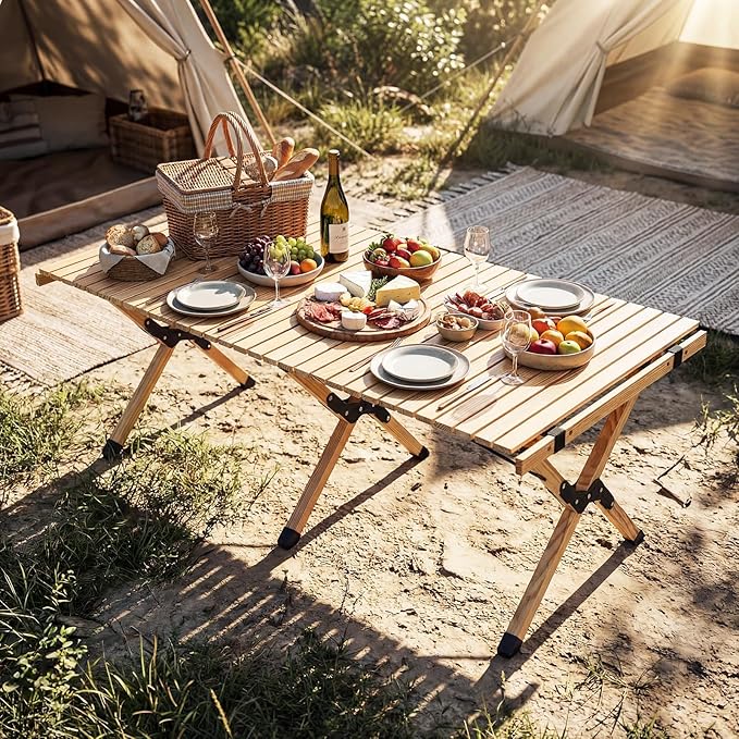 GYMAX 48 Inch Folding Camping Table, Roll-Up Pine Wood Picnic Table with Carry Bag, Portable Lightweight Low Beach Table for BBQ, Party, Backyard Camping