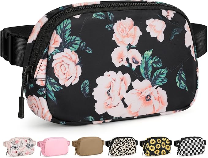 Pritent Fanny Packs for Women Cross Body Bag Waterproof Belt Bag with Adjustable Strap and Zipper Back Pocket Small Crossbody Bags Fashion Waist Packs for Workout Travelling(Flower Print)
