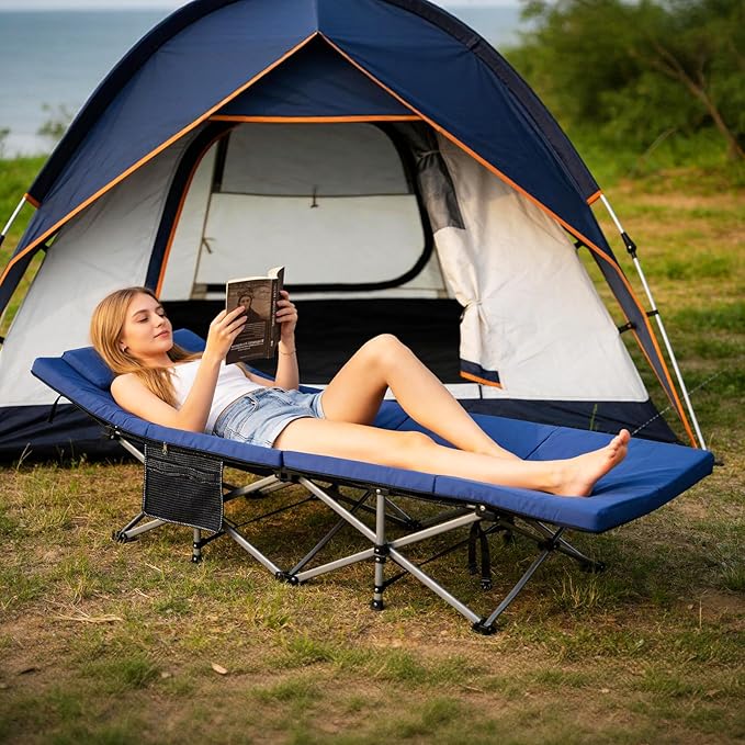 ABORON Camping Cot with 2in Memory Foam Mattress, 900LBS Heavy Duty Sleeping Cot for Adults, Extra Wide Sleeping Cot, 1200D Double Layer Oxford Cot for Camping, Guest, Office Nap
