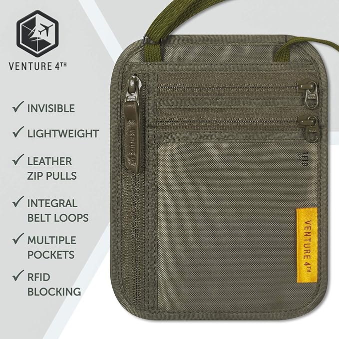 VENTURE 4TH RFID Blocking Travel Neck Wallet - Security Neck Pouch Passport Holder with Nylon Lining (Green)