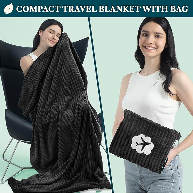 PAVILIA Travel Blanket Pillow, Airplane Blanket Set in Soft Bag with Pockets, Plane Blanket Compact Packable, Flight Essentials Car Pillow, Travelers Accessories Gifts, Luggage Strap, Black
