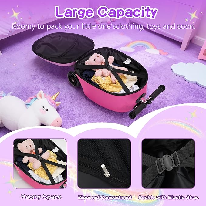 Scooter Suitcase for Kids, Ride on Luggage for Girls Aged 3-8, Scooter Luggage with LED Wheels