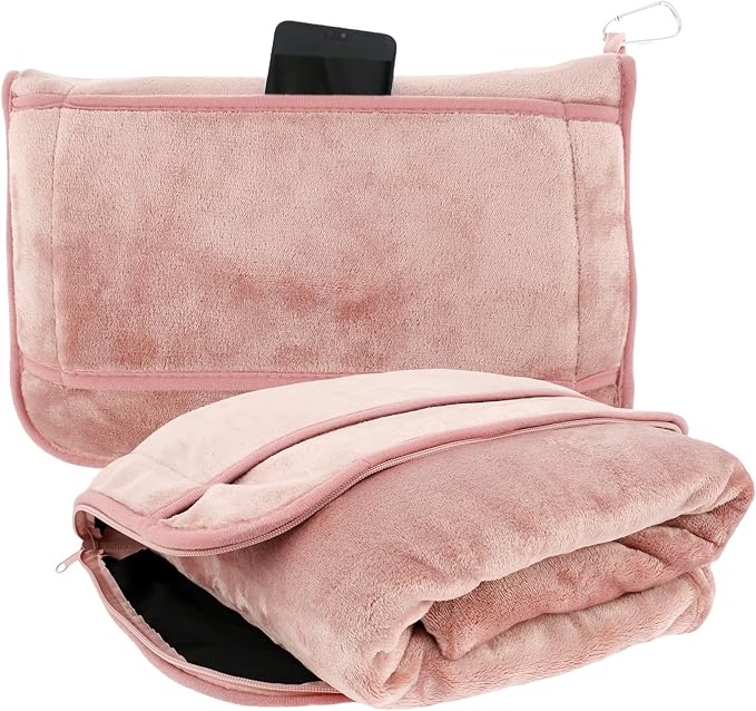 Travel Blanket, 2 in 1 Soft Flannel Airplane Blanket Warm Travel Blanket Pillow with Luggage Strap and Buckle, Portable Compact Flight Blanket for Cars Airplanes Camping 63x39 Inch (Pink)
