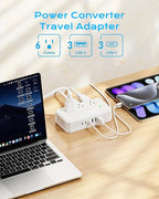 US to Europe Travel Adapter 220V to 110V Voltage Converter with 4.5A 6-Port USB Charging and UK/AU/US/EU Worldwide Plug Adapter