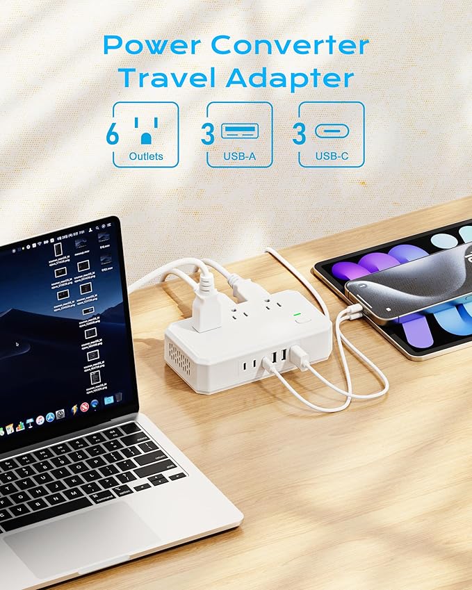 US to Europe Travel Adapter 220V to 110V Voltage Converter with 4.5A 6-Port USB Charging and UK/AU/US/EU Worldwide Plug Adapter