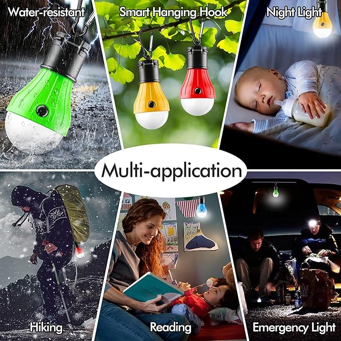 FLY2SKY Portable LED Tent Lamp, Clip Hook Hurricane Emergency Light Bulb, Camping Equipment Lanterns for Hiking, Backpacking Outage, B-CLOSED-HOOK, 4 Packs