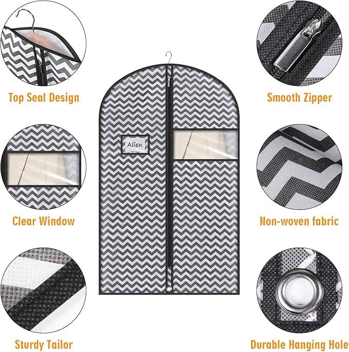 Syeeiex 40" Suit Bag, Set of 5 Garment Bags for Hanging Clothes, Suit Bags for Closet Storage, Garment Bags for Storage Suits,T-shirts, Jackets and Coats (Dark Grey)