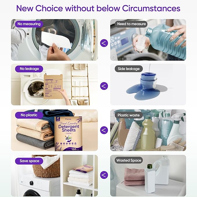 Travel Laundry Detergent Sheets Fisroa 120 Loads Eco-friendly Washing Detergent Sheets Plastic-Free Lavender Liquidless Laundry Strips for Camping Dorm