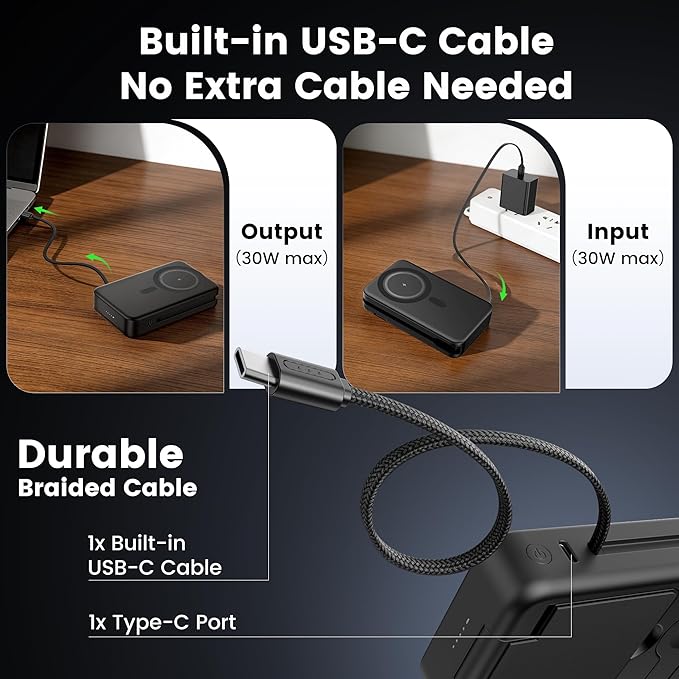 5-in-1 Portable Charger,10000mAh Foldable Power Bank Fast Charging Station USBC Cable Travel,for MagSafe Battery Pack Magnetic for iPhone 17/16/15/14/13/12,Apple Watch,Airpods,MatteBlack