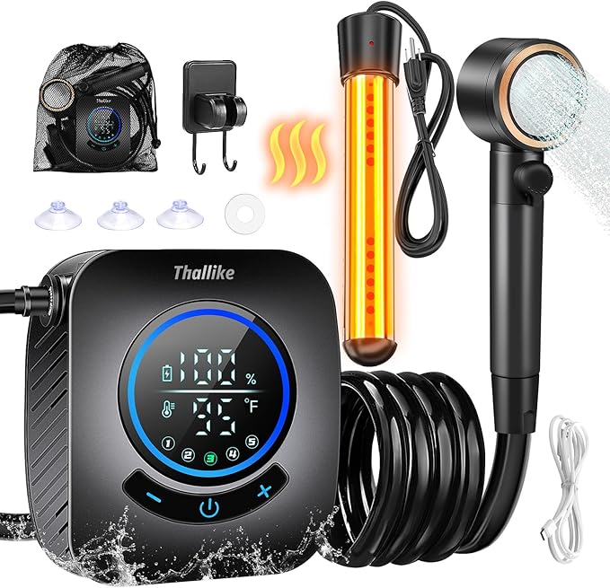 Upgraded Portable Shower with Heater, 1500W Immersion Heated, 8000mAh Rechargeable Camping Shower Pump with LED Display, IPX8 Waterproof Lightweight Outdoor Shower Pump Kit for Hiking