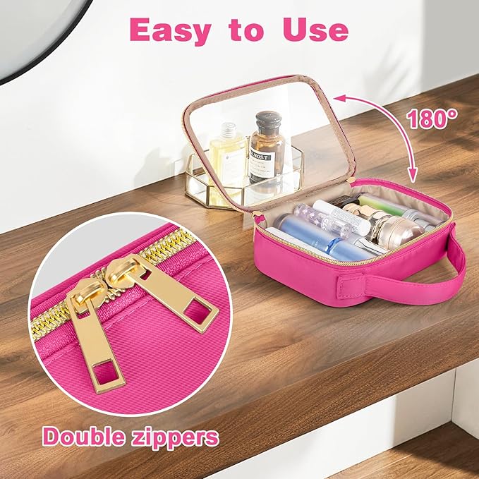 Wedama TSA Approved Toiletry Bag, 2 Pack Clear Makeup Bags with Handles, Quart Size PVC Clear Cosmetic Bags for Women and Men, Carry on Airport Airline Compliant Bag, Rose Red