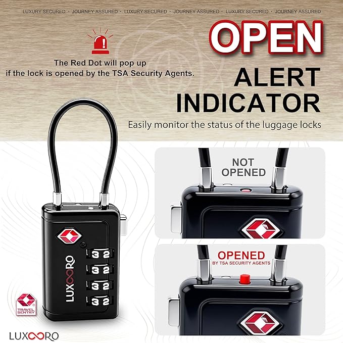 TSA Approved Luggage Lock with Alert Indicator, 4-Digit Resettable Combination, Durable Zinc Alloy Travel Lock for Suitcase, Backpack, Toolbox, Locker, All-Purpose, keyless – Black (1 Pack)