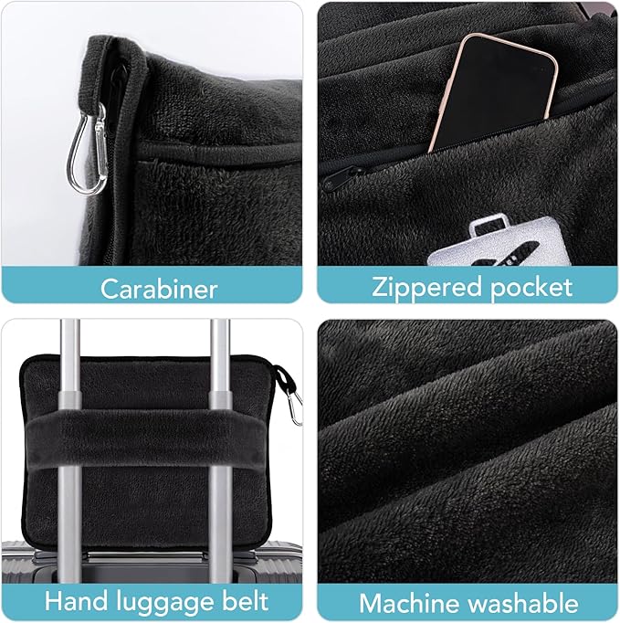 SINLAND Travel Pillow and Blanket 2-in-1 Set,Airplane Packable Bag,Soft and Lightweight Plane Flight Car Trips Travel Essentials Gift,Hand Luggage Sleeve and Backpack Clip,60x50 Inch Black